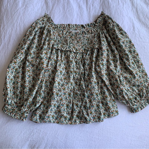 Doen Claudette Cotton Voile Ruffle Long Sleeve Blouse Top Crème Fleurs D’avignon - Picture 6 of 13